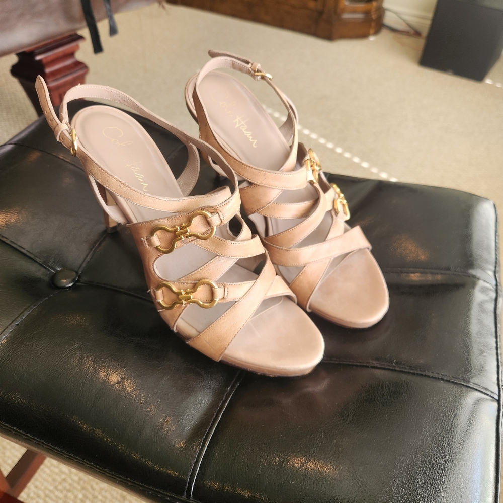 Cole Haan beige strappy heels, gold hardware